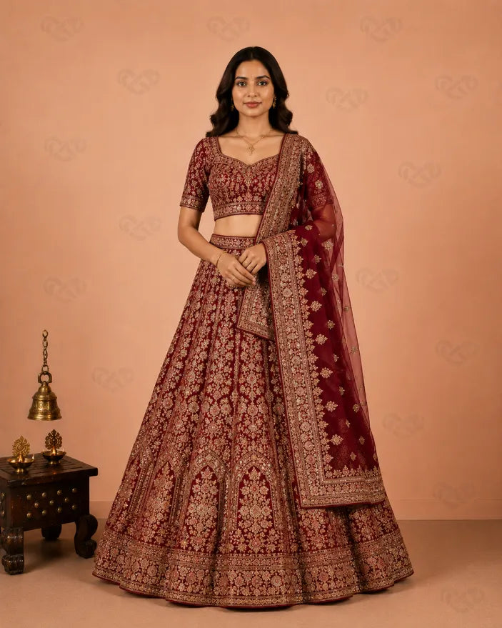 Wine Red Silk Bridal Lehenga