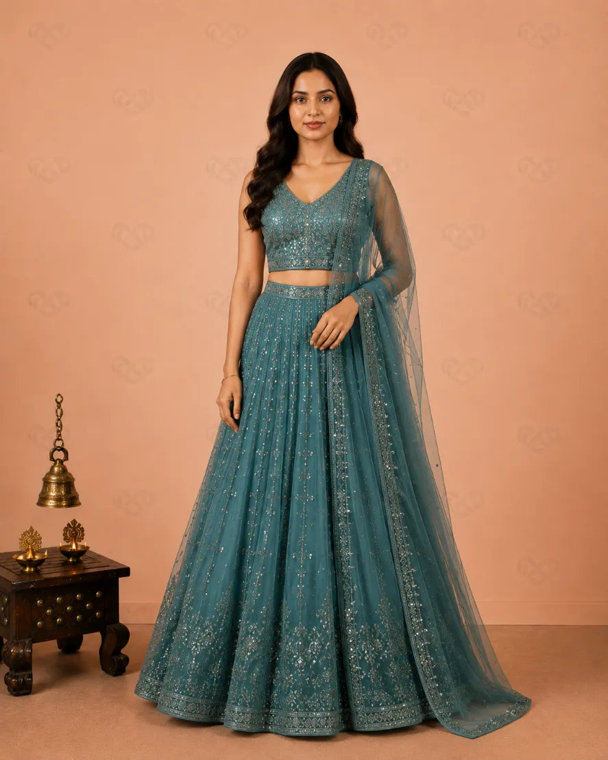 Teal Net Sangeet Lehenga