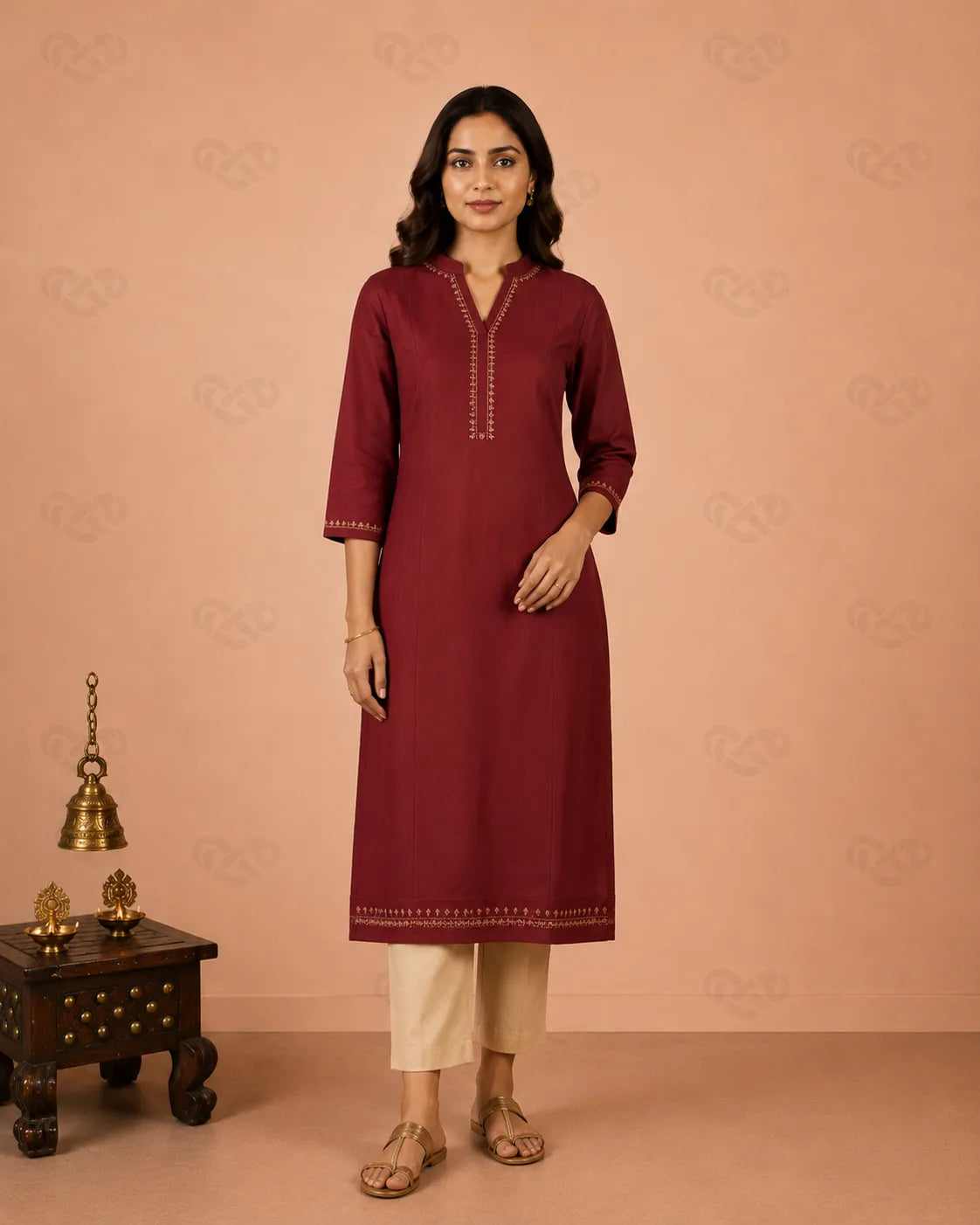 Wine Red Cotton Straight Kurti